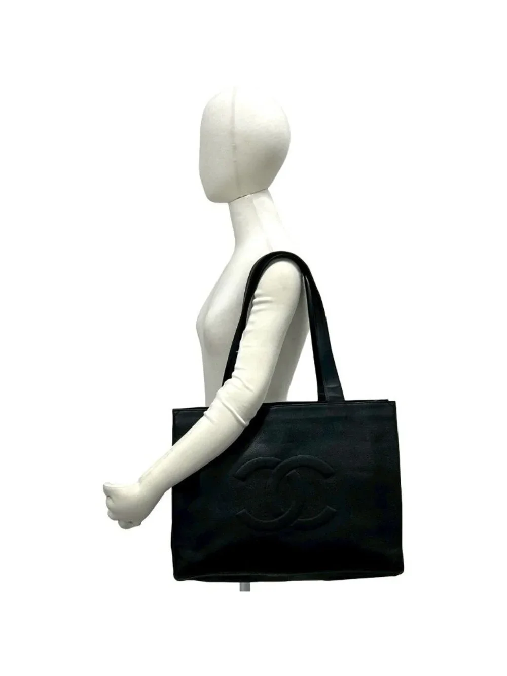 Chanel Card Jumbo CC Logo Caviar Leather Tote Shoulder Bag Black